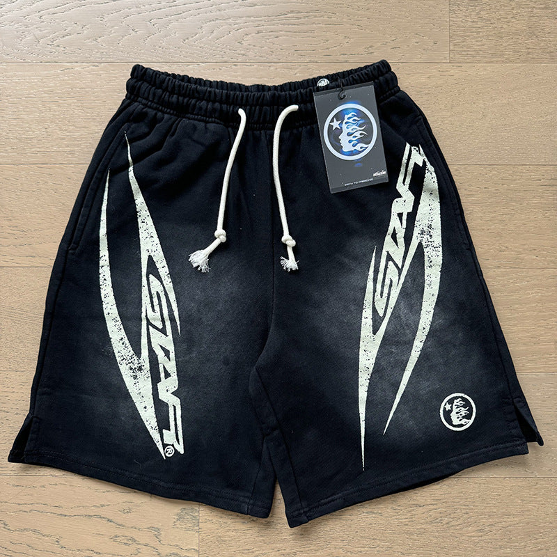 New Style Washed Distressed Casual Shorts with Flame Short