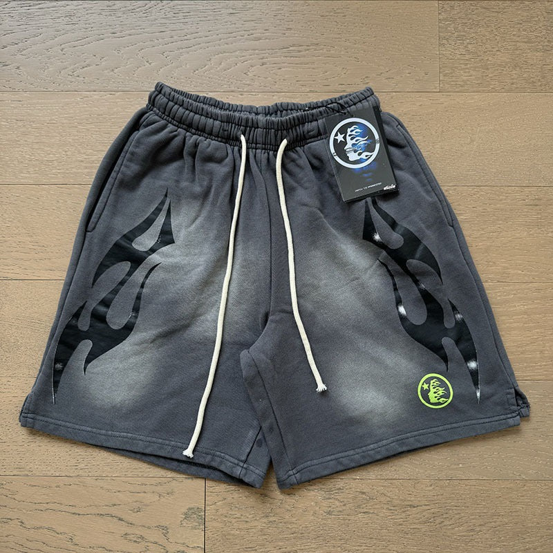 New Style Washed Distressed Casual Shorts with Flame Short