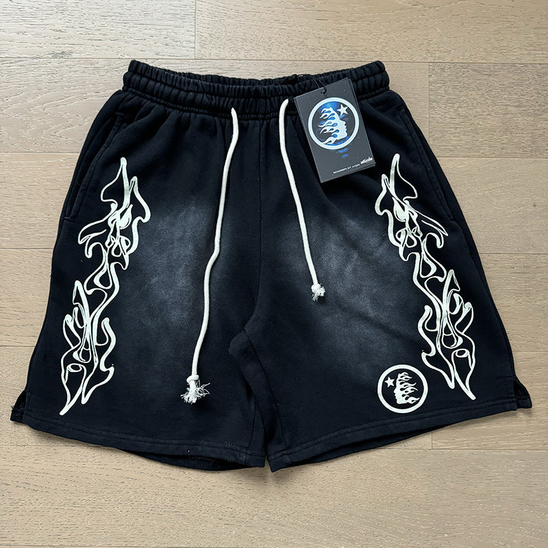 New Style Washed Distressed Casual Shorts with Flame Short